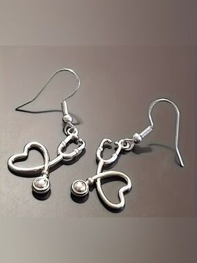 Silver Heart Stethoscope Dangle Earrings - Women Jewelry